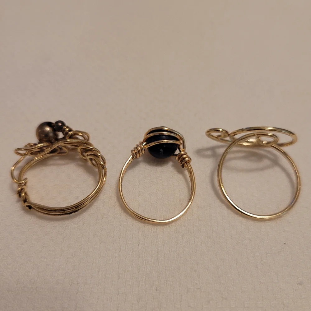 Set Of 3 Delicate Wrapped Wire Rings With Faux Pearl & Stone, Mixed Sizes 6-9